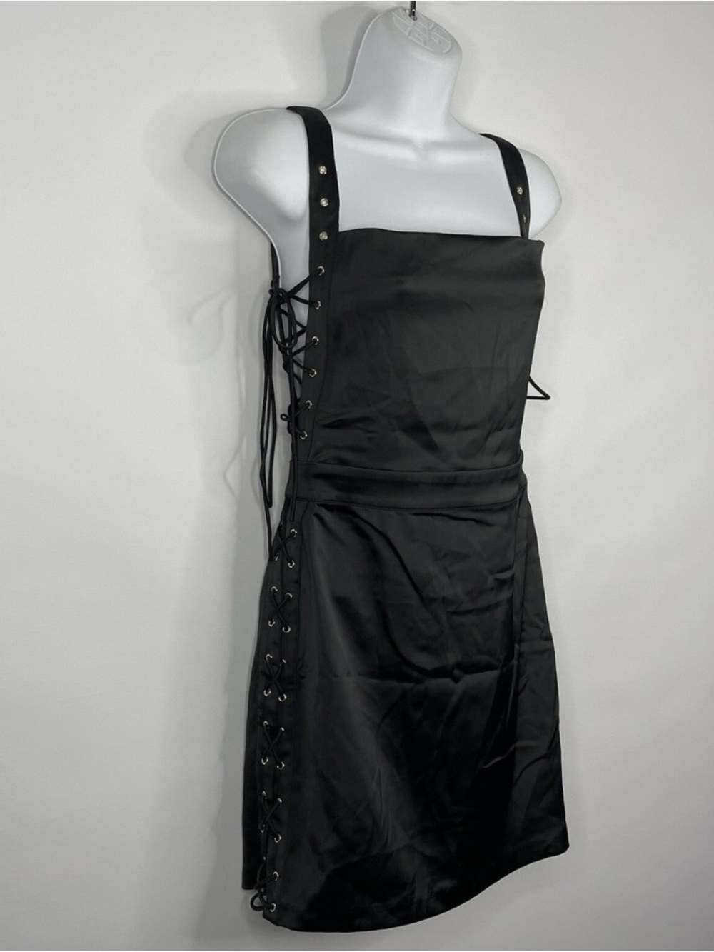 NWT Mistress Rocks Black Satin Lace-Up Mini Dress